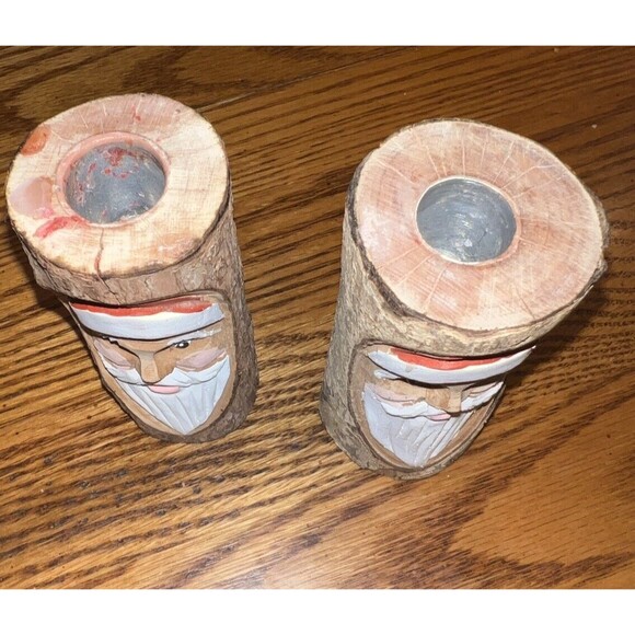 Santa Taper Candle Holder Midwest Hand Carved Wooden Set Rustic Christmas Decor - Picture 6 of 8